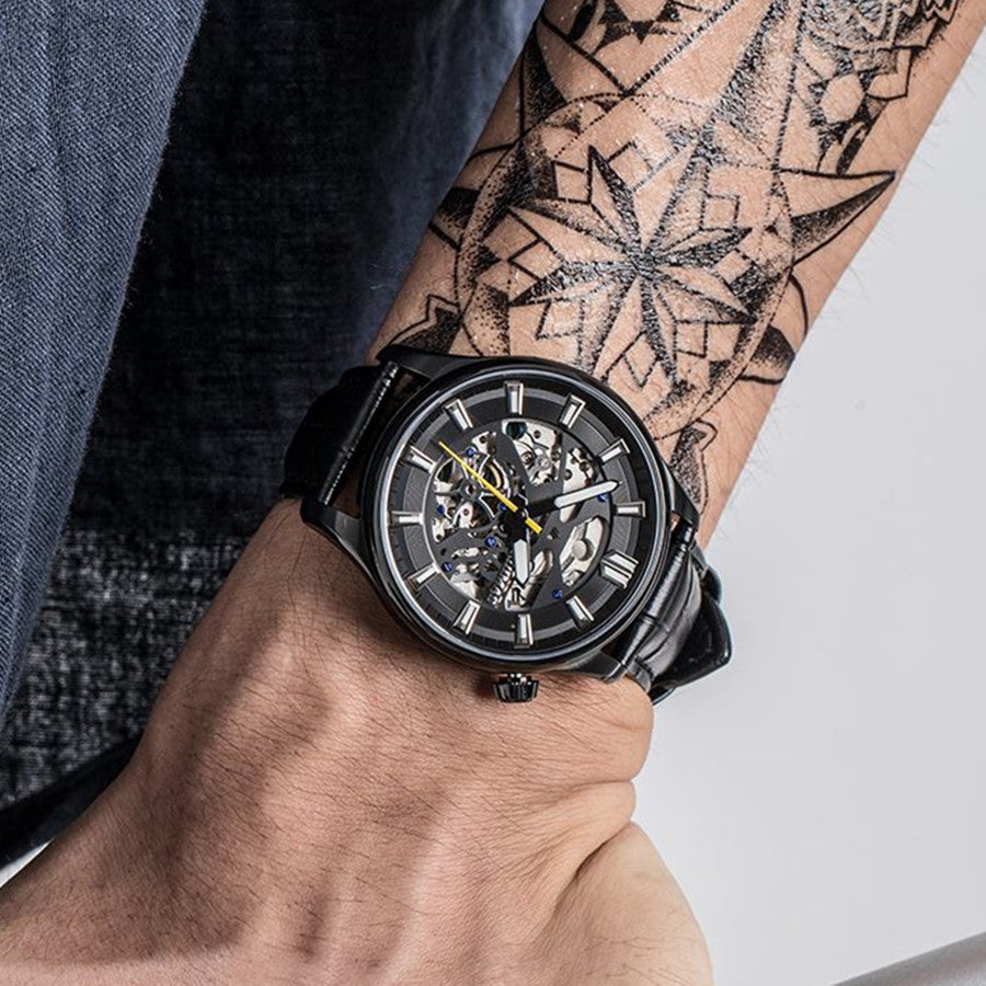 Montre Mecanique RUIMAS Homme - Chronographe Sport Bracelet Cuir Lumineux